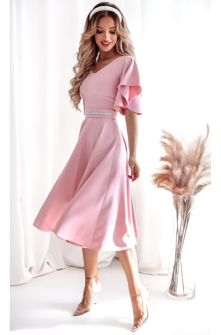 Rochie midi din bumbac roz pudra LunaW 1 - jojofashion.ro