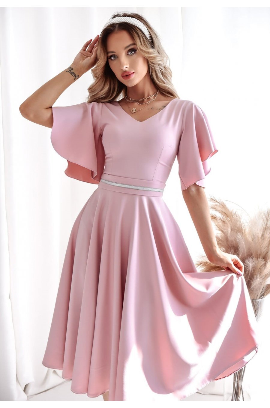 Rochie midi din bumbac roz pudra LunaW 2 - jojofashion.ro