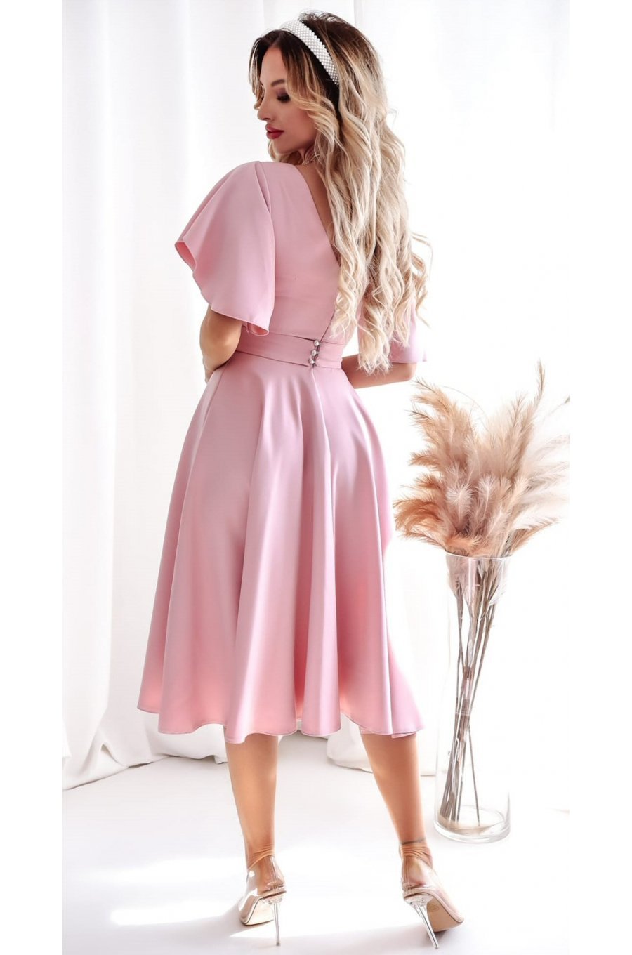 Rochie midi din bumbac roz pudra LunaW 3 - jojofashion.ro