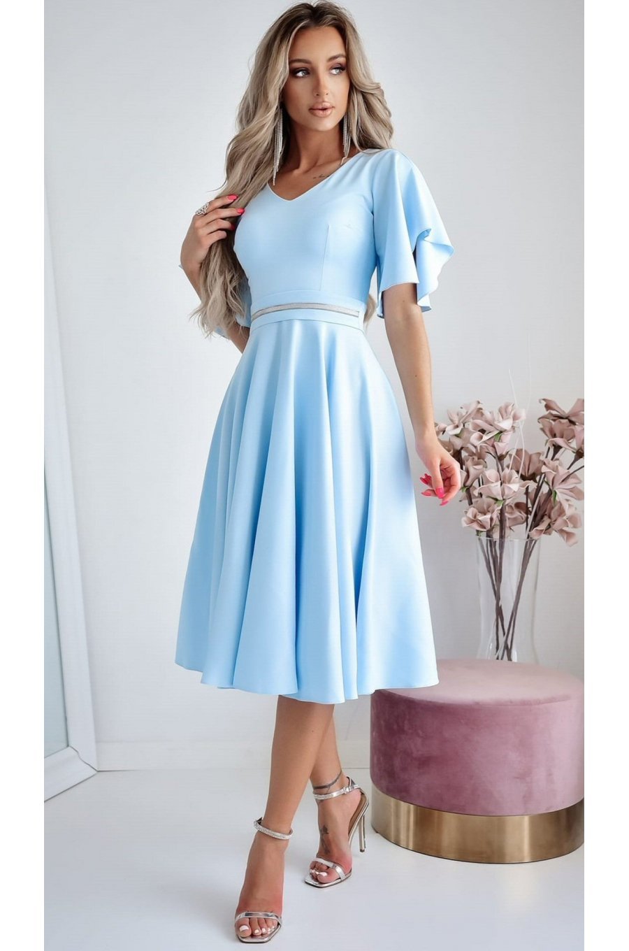 Rochie eleganta midi, din bumbac baby blue, in clos, LunaW 1 - jojofashion.ro