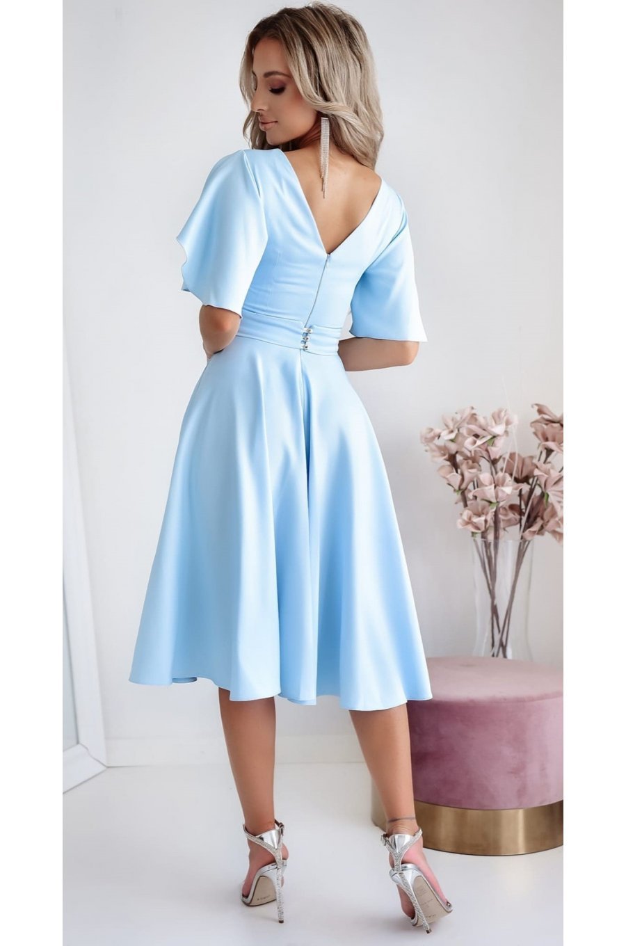 Rochie eleganta midi, din bumbac baby blue, in clos, LunaW 2 - jojofashion.ro