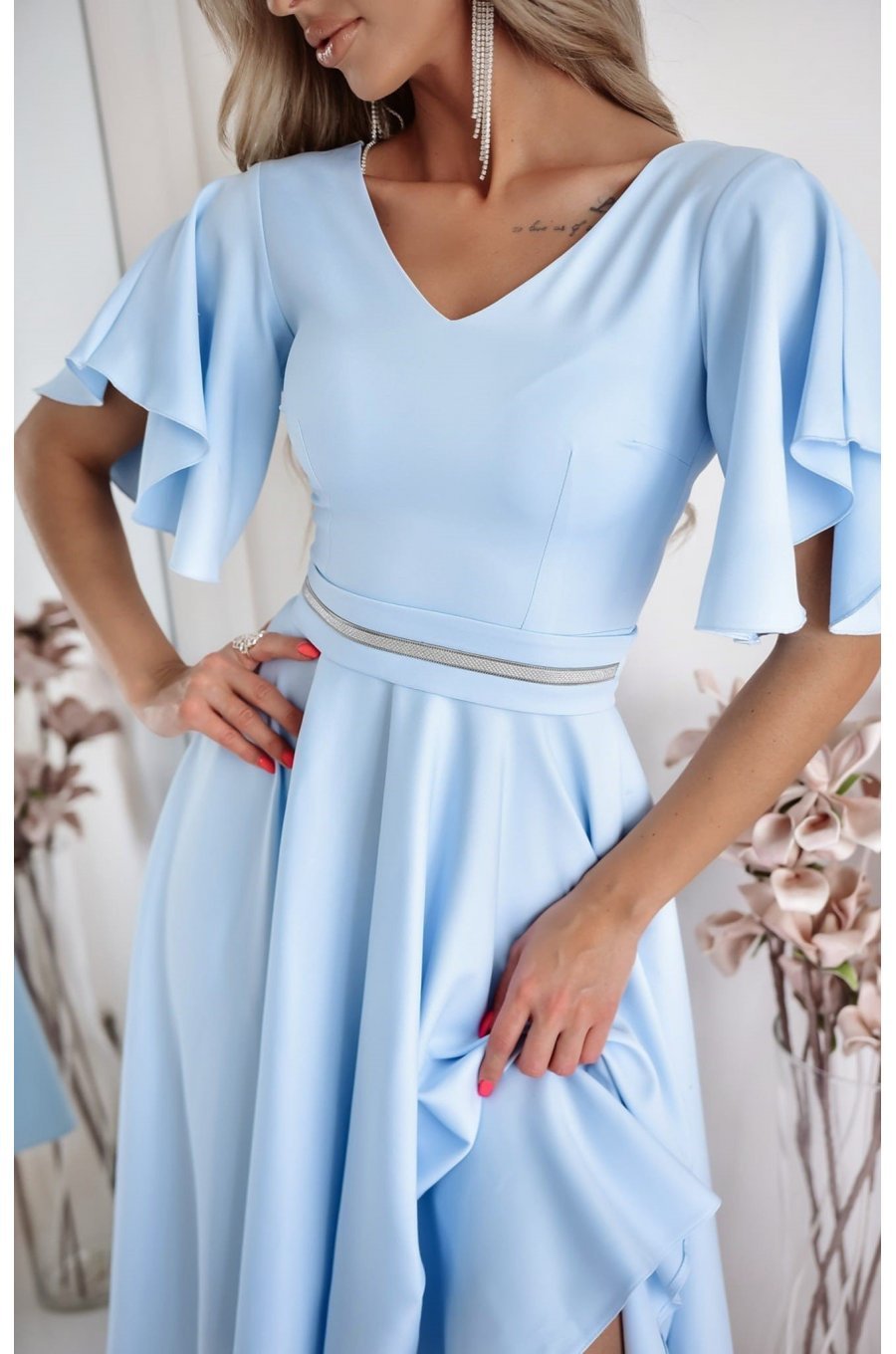 Rochie eleganta midi, din bumbac baby blue, in clos, LunaW 3 - jojofashion.ro