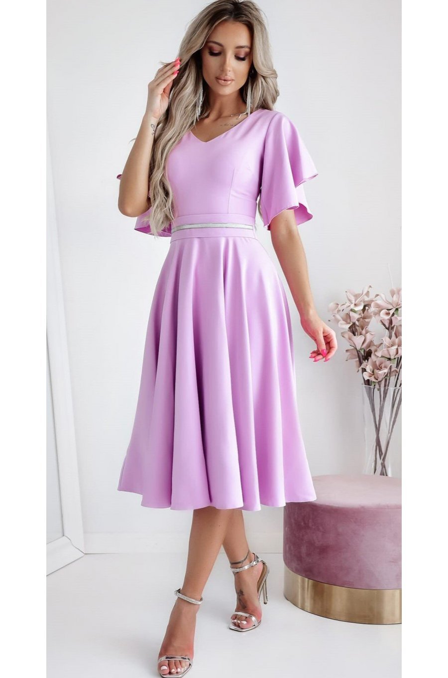 Rochie eleganta midi, din bumbac, lila, in clos, LunaW 1 - jojofashion.ro