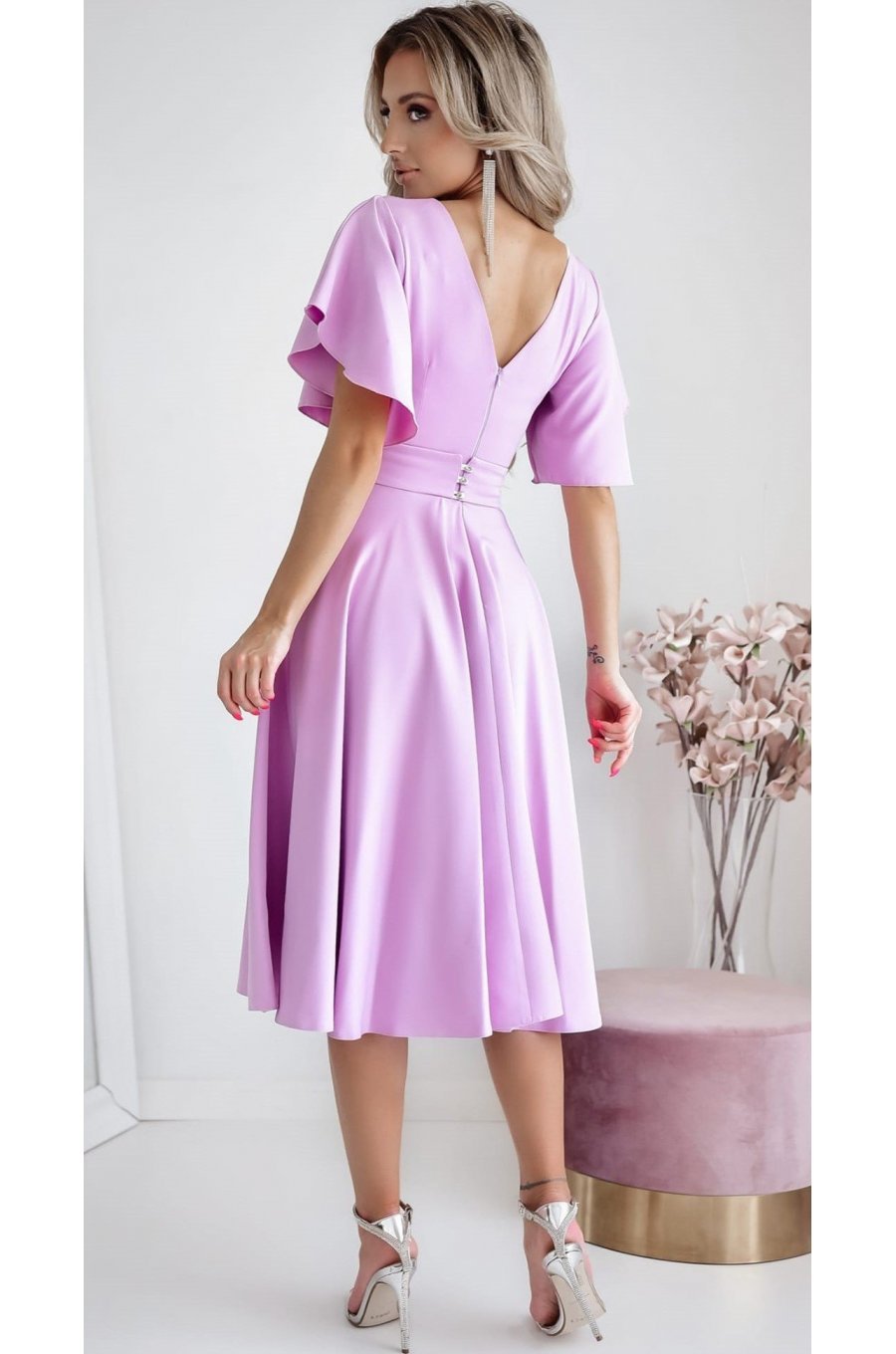 Rochie eleganta midi, din bumbac, lila, in clos, LunaW 2 - jojofashion.ro