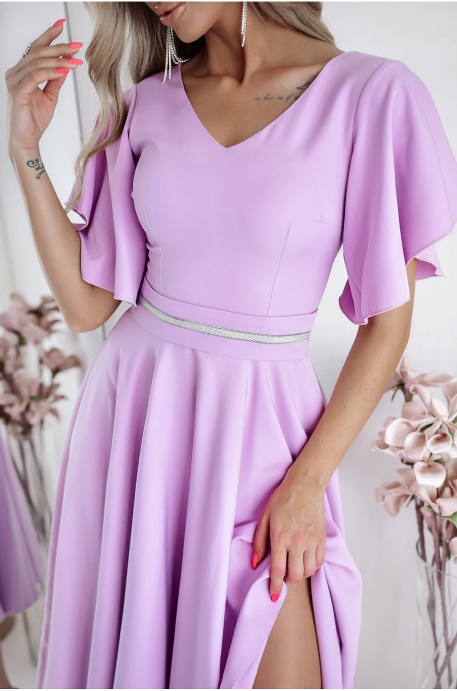 Rochie eleganta midi, din bumbac, lila, in clos, LunaW 3 - jojofashion.ro