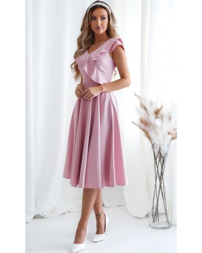 Rochie eleganta midi, roz pal, in clos, cu volane pe bust, retro, FalbanaW Rochii de vara, Rochie eleganta midi, roz pal, in clos, cu volane pe bust, retro, FalbanaW - jojofashion.ro
