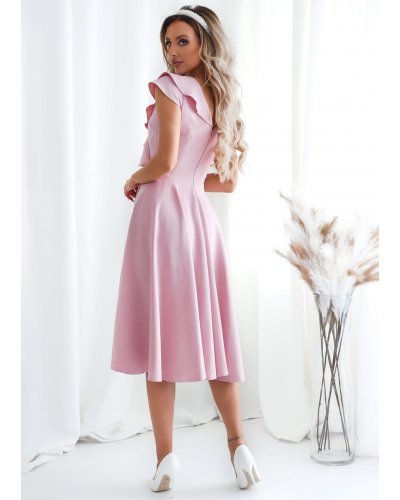 Rochie eleganta midi, roz pal, in clos, cu volane pe bust, retro, FalbanaW Rochii de vara, Rochie eleganta midi, roz pal, in clos, cu volane pe bust, retro, FalbanaW - jojofashion.ro