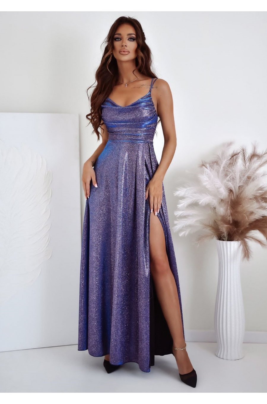 Rochie lunga din glitter violet cu reflexii cu bust tip corset ValeriaLux 1 - jojofashion.ro