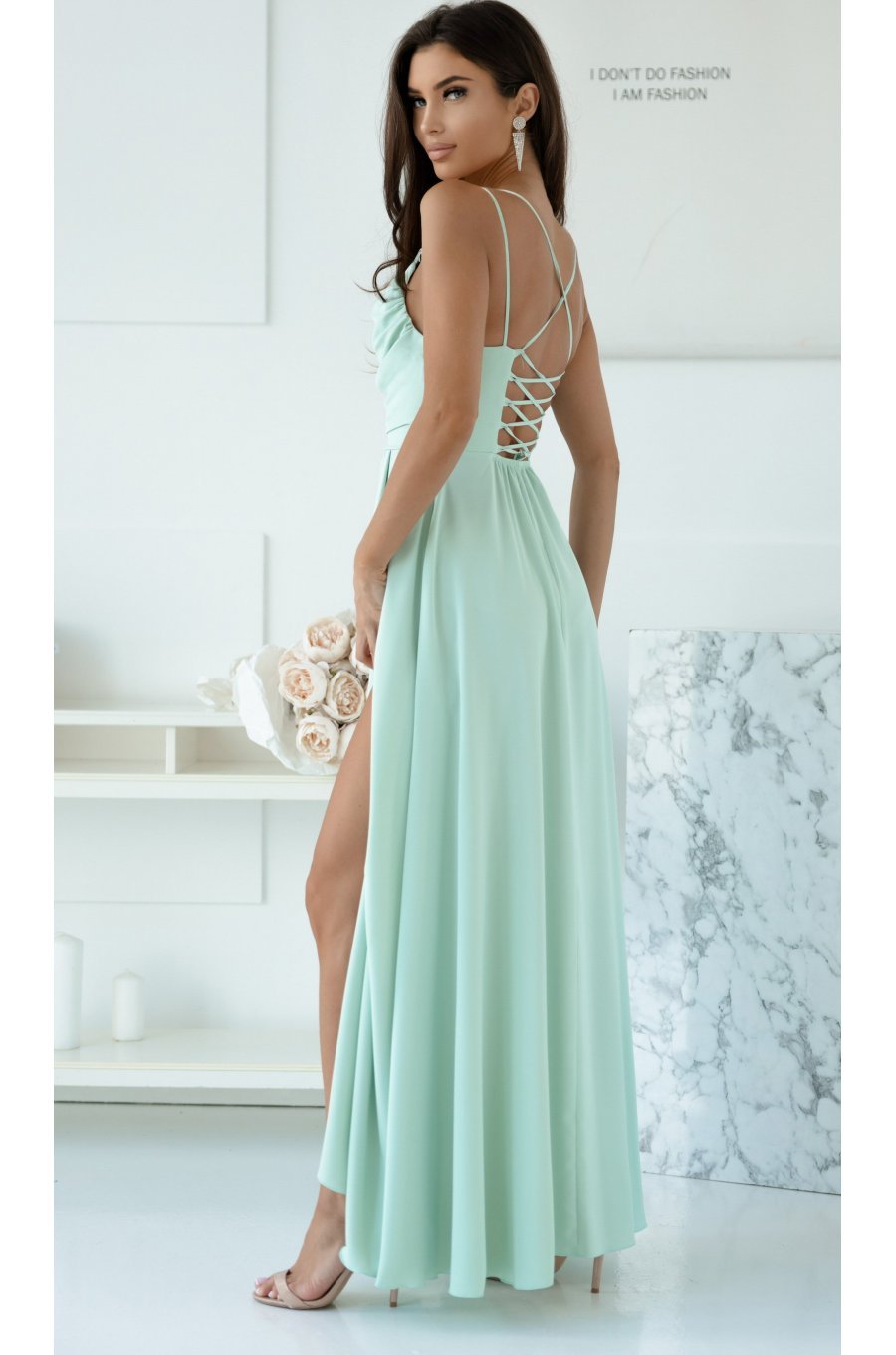 Rochie lunga, menta, cu bust tip corset, vaporoasa, ValeriaW 2 - jojofashion.ro
