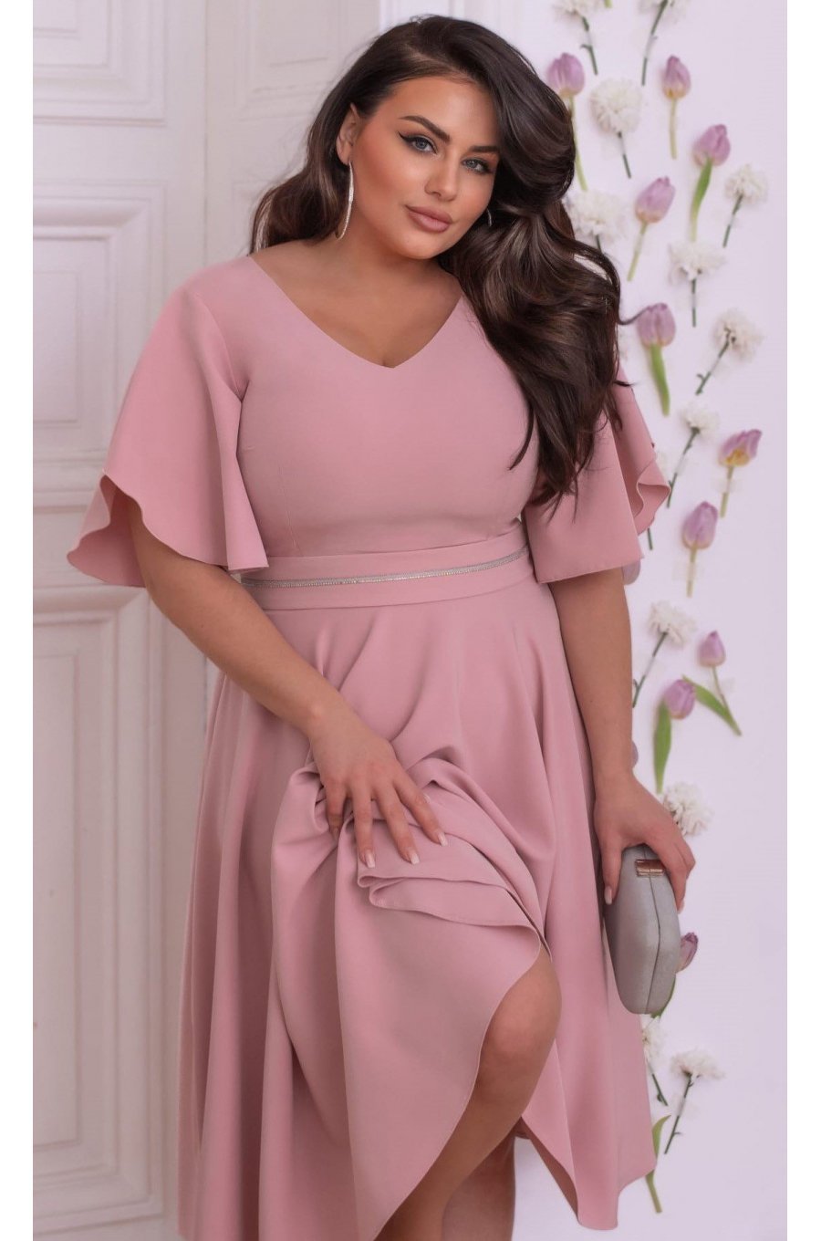 Rochie marime mare eleganta midi, bumbac, roz pudra, cu maneca clopot, retro, LunaXXL 1 - jojofashion.ro