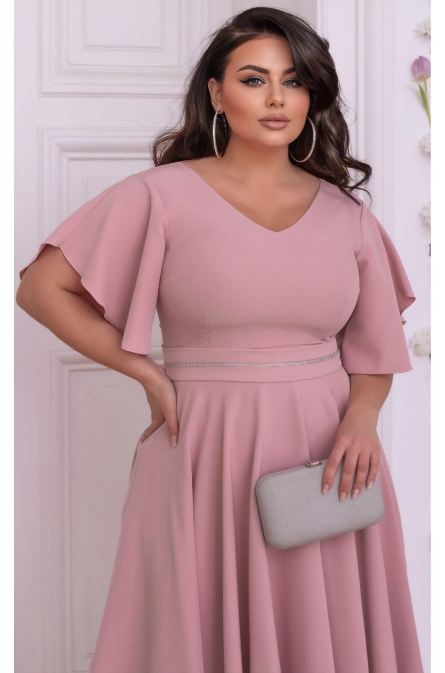 Rochie marime mare eleganta midi, bumbac, roz pudra, cu maneca clopot, retro, LunaXXL 2 - jojofashion.ro