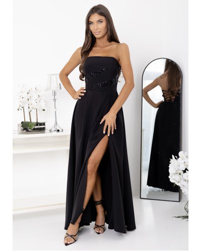 Rochie eleganta lunga neagra cu bust tip corset umeri goi si paiete RossanaW Rochii, Rochie eleganta lunga neagra cu bust tip corset umeri goi si paiete RossanaW - jojofashion.ro