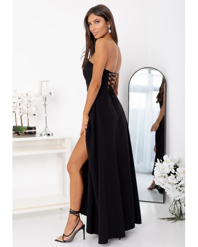 Rochie eleganta lunga neagra cu bust tip corset umeri goi si paiete RossanaW Rochii, Rochie eleganta lunga neagra cu bust tip corset umeri goi si paiete RossanaW - jojofashion.ro