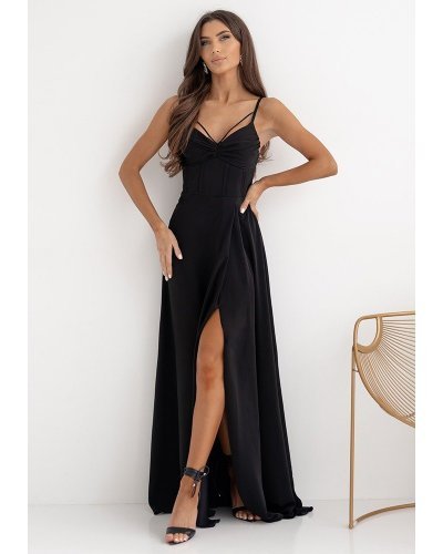 Rochie neagra lunga cu bust tip corset vaporoasa SuzanaW Rochii lungi, Rochie neagra lunga cu bust tip corset vaporoasa SuzanaW - jojofashion.ro