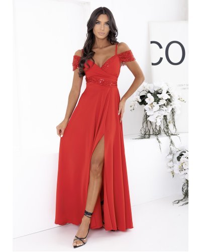 Rochii de Ocazie Elegante, Rochie rosie eleganta lunga cu umeri goi si paiete Valentina2 - jojofashion.ro