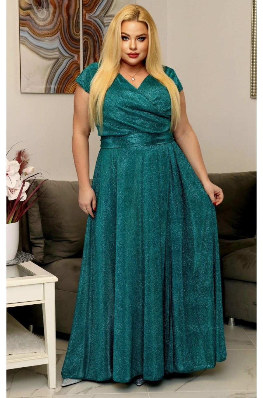 Rochie lunga verde din bumbac cu glitter crapata pe picior AmandaW Rochie lunga verde din bumbac cu glitter crapata pe picior AmandaW 2 - jojofashion.ro