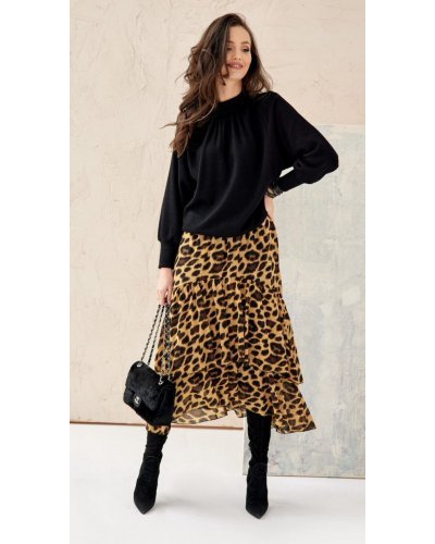 Fusta eleganta midi din voal, animal print leopard, vaporoasa, cu volane, EBBA - jojofashion.ro