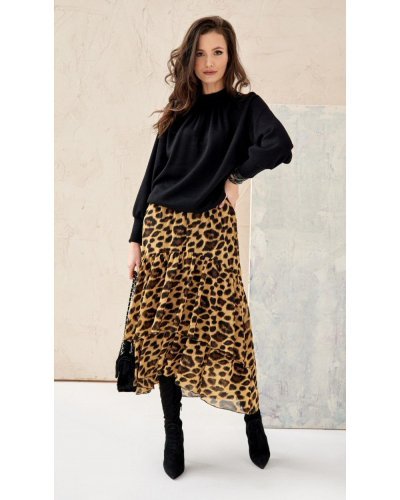 Fusta eleganta midi din voal, animal print leopard, vaporoasa, cu volane, EBBA - jojofashion.ro