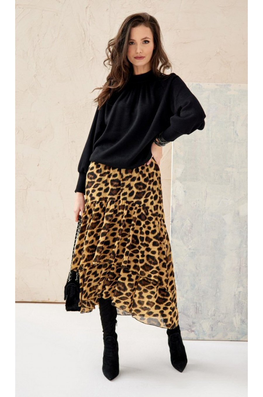 Fusta eleganta midi din voal, animal print leopard, vaporoasa, cu volane, EBBA 2 - jojofashion.ro