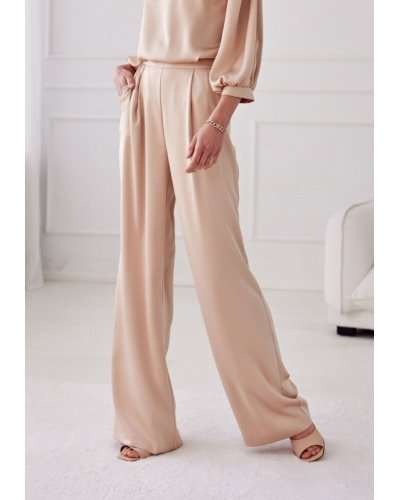 Pantaloni dama, Pantaloni dama evazati, eleganti, bej, din satin, ElsaR - jojofashion.ro