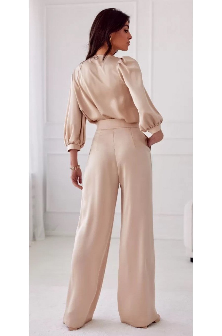 Pantaloni dama evazati, eleganti, bej, din satin, ElsaR Pantaloni dama evazati, eleganti, bej, din satin, ElsaR 3 - jojofashion.ro