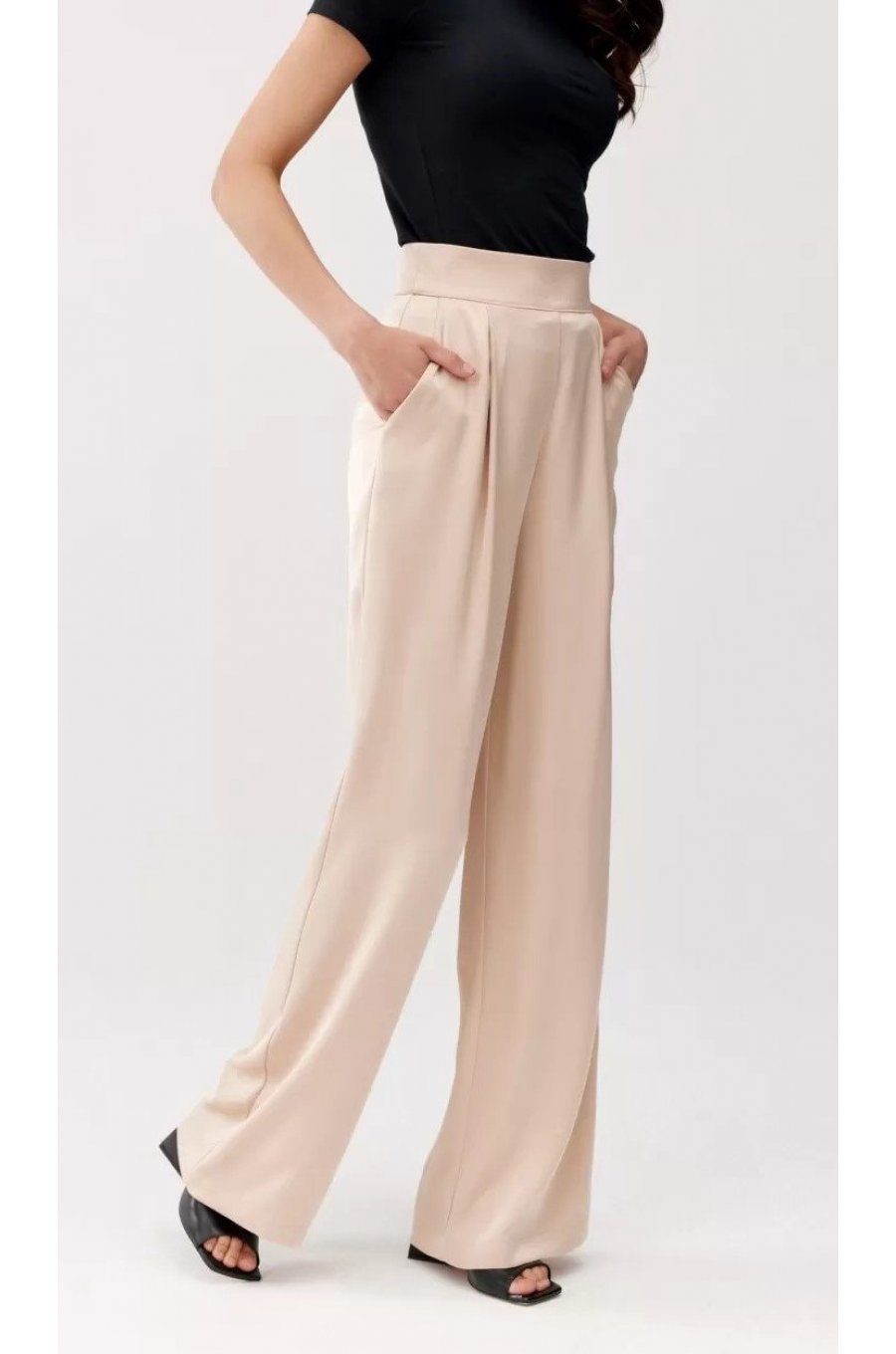 Pantaloni dama evazati, eleganti, bej, din satin, ElsaR Pantaloni dama evazati, eleganti, bej, din satin, ElsaR 4 - jojofashion.ro
