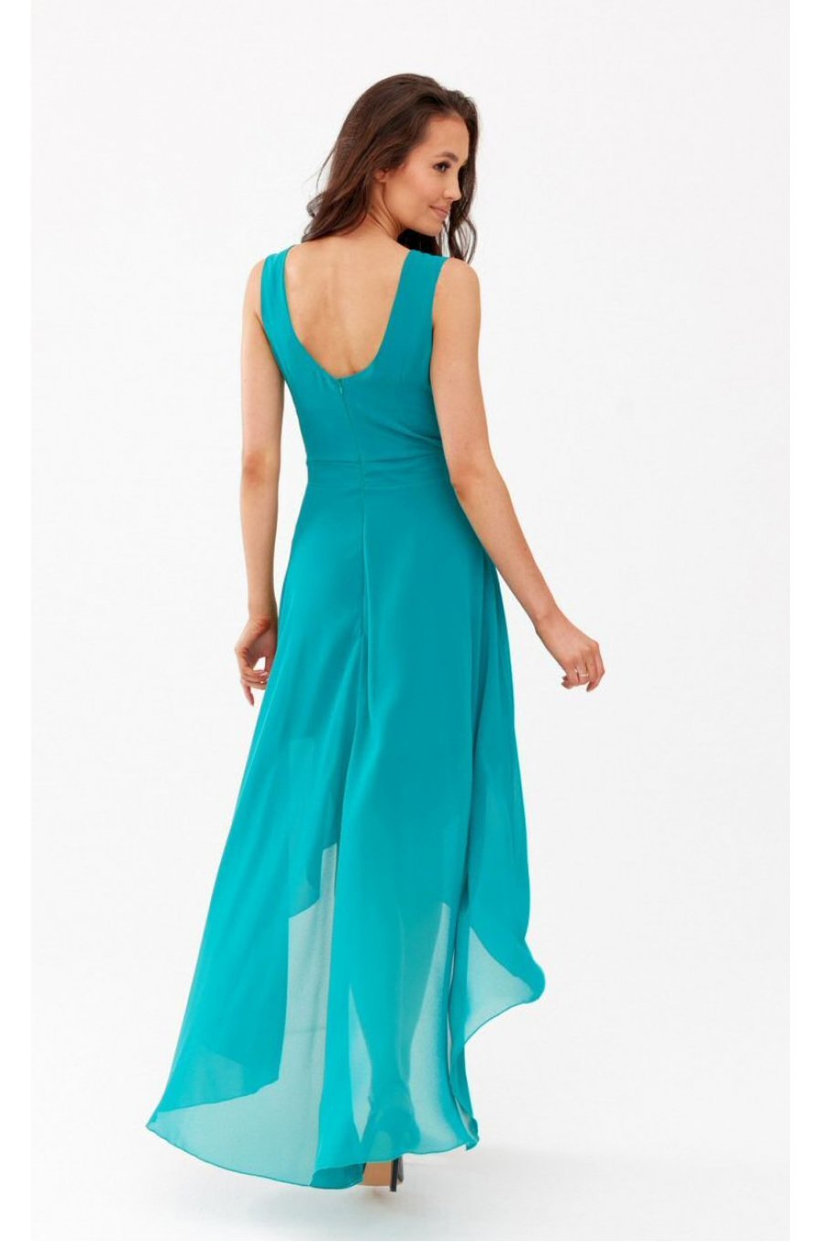 Rochie lunga din voal turcoaz vaporoasa asimetrica si petrecuta Fiona 3 - jojofashion.ro