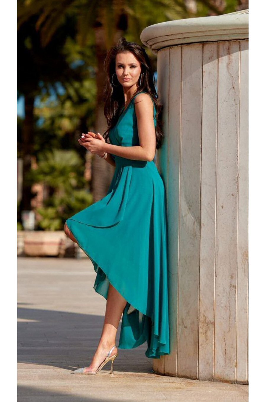 Rochie lunga din voal turcoaz vaporoasa asimetrica si petrecuta Fiona 2 - jojofashion.ro
