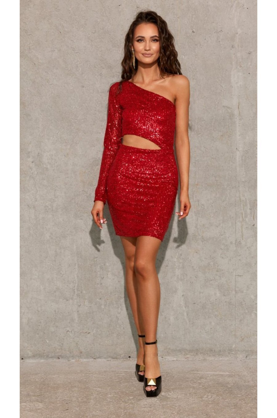 Rochie scurta rosie mulata din paiete cu o maneca lunga Romina 4 - jojofashion.ro