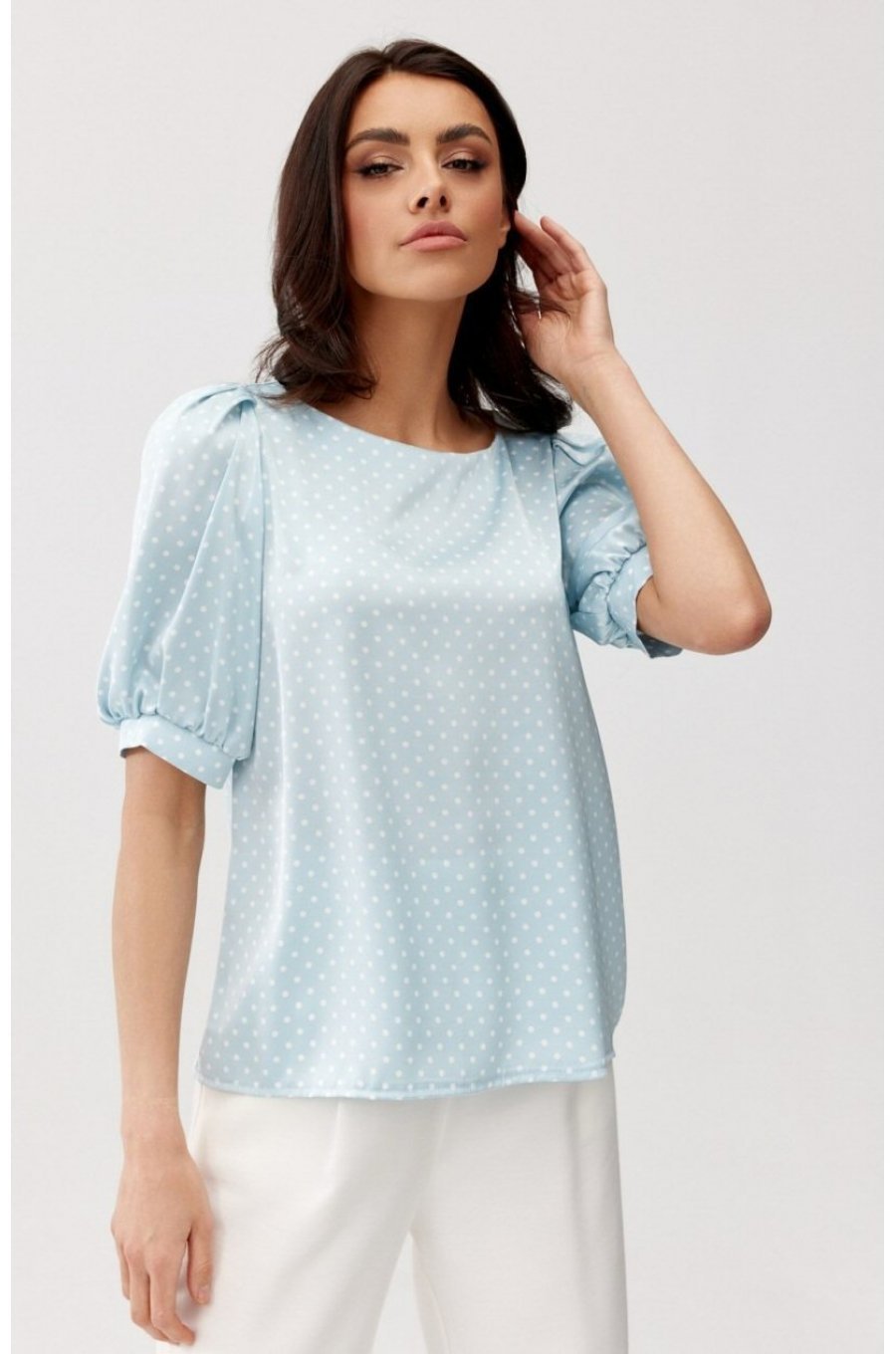 Bluza dama eleganta, baby blue cu buline albe, vaporoasa, JennaR 1 - jojofashion.ro