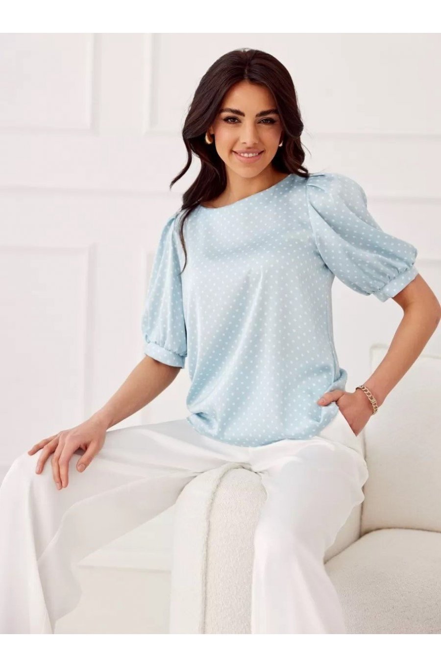 Bluza dama eleganta, baby blue cu buline albe, vaporoasa, JennaR 3 - jojofashion.ro