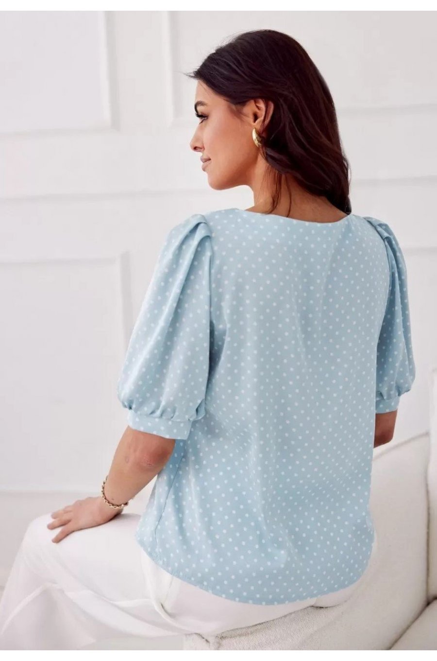 Bluza dama eleganta, baby blue cu buline albe, vaporoasa, JennaR 4 - jojofashion.ro