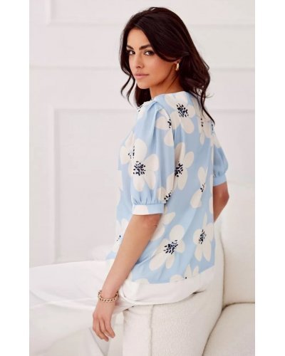 Bluza dama eleganta, bleu cu flori, vaporoasa, JennaR Bluze dama, Bluza dama eleganta, bleu cu flori, vaporoasa, JennaR - jojofashion.ro