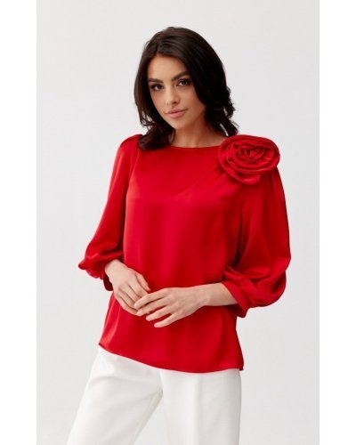Bluza dama cu floare, din satin, rosie, GianaR Bluze dama, Bluza dama cu floare, din satin, rosie, GianaR - jojofashion.ro