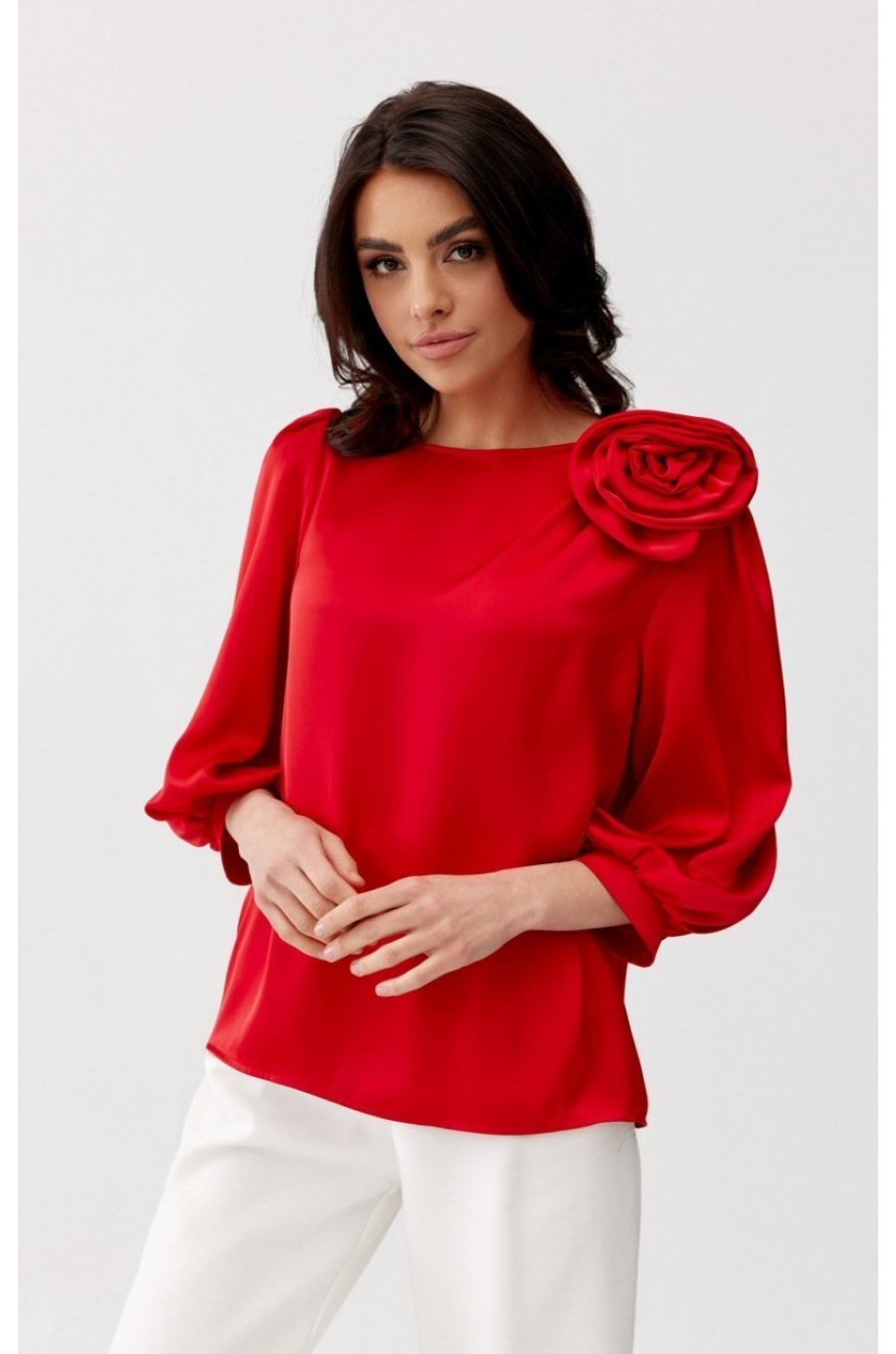 Bluza dama cu floare, din satin, rosie, GianaR 1 - jojofashion.ro