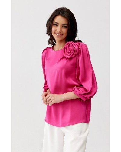 Bluza dama eleganta, din satin, roz fucsia, cu floare, GianaR Bluze dama, Bluza dama eleganta, din satin, roz fucsia, cu floare, GianaR - jojofashion.ro