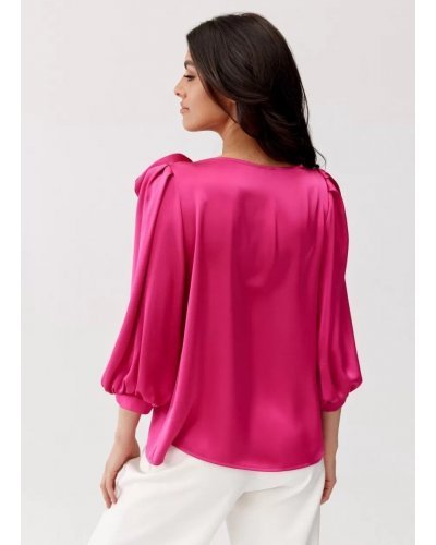 Bluza dama eleganta, din satin, roz fucsia, cu floare, GianaR Bluze dama, Bluza dama eleganta, din satin, roz fucsia, cu floare, GianaR - jojofashion.ro