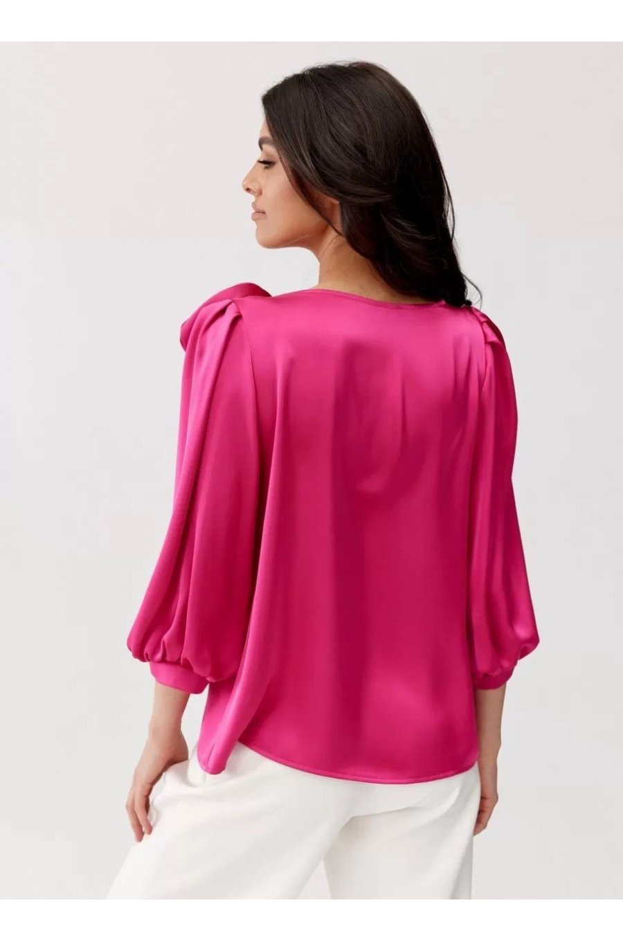 Bluza dama eleganta, din satin, roz fucsia, cu floare, GianaR 2 - jojofashion.ro