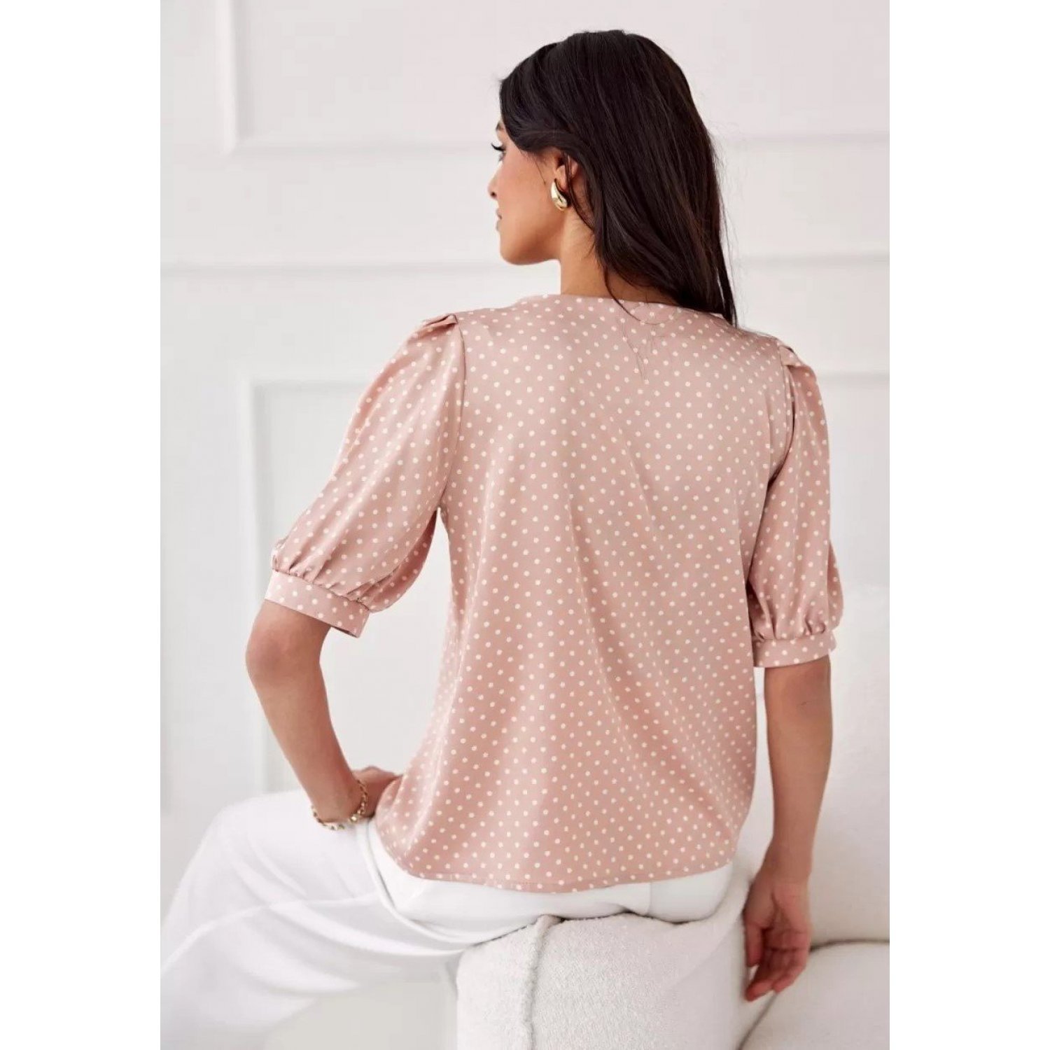 Color Roz Prafuit Bluza dama eleganta, roz prafuit cu buline albe, vaporoasa, JennaR ...