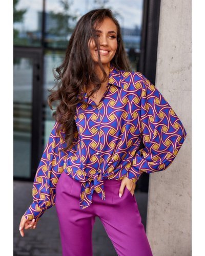 Camasi dama, Camasa dama eleganta, albastra cu imprimeu galben, maneca larga, Sakima - jojofashion.ro