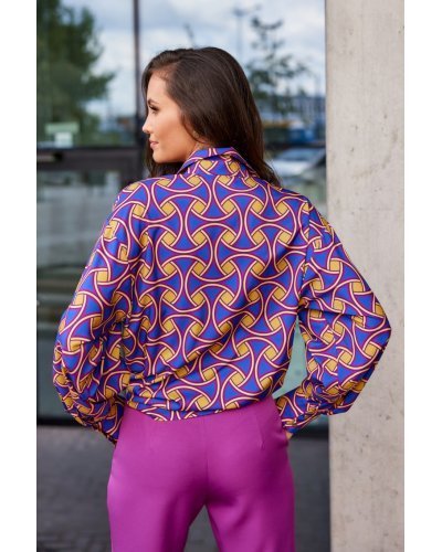 Camasi dama, Camasa dama eleganta, albastra cu imprimeu galben, maneca larga, Sakima - jojofashion.ro