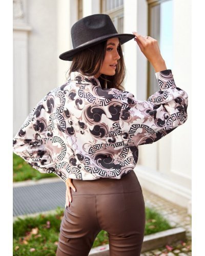 Camasi dama, Camasa dama eleganta, bej cu print maro, maneca larga, Sakima - jojofashion.ro