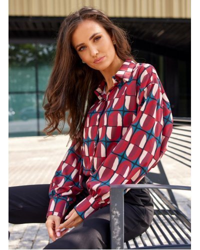 Camasi dama, Camasa dama eleganta, burgundy cu print colorat, maneca larga, Sakima - jojofashion.ro