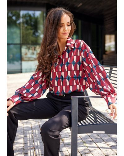 Camasi dama, Camasa dama eleganta, burgundy cu print colorat, maneca larga, Sakima - jojofashion.ro
