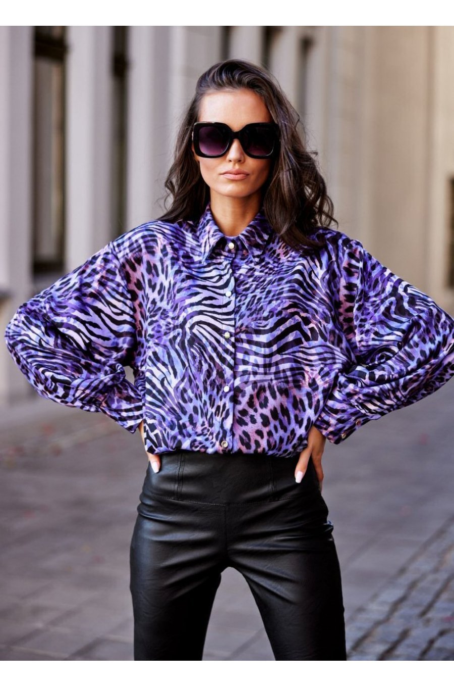 Camasa dama eleganta, mov, animal print, cu maneca larga, Sakima 1 - jojofashion.ro