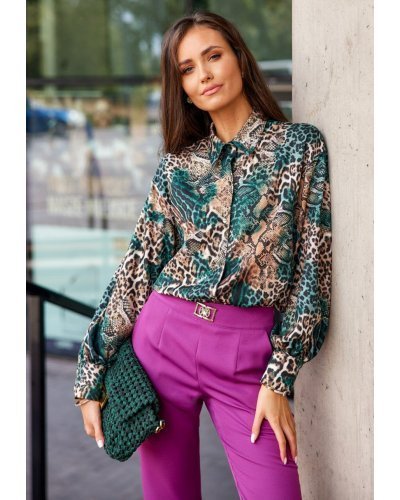 Camasi dama, Camasa dama eleganta, verde, animal print snake, cu maneca larga, Sakima - jojofashion.ro