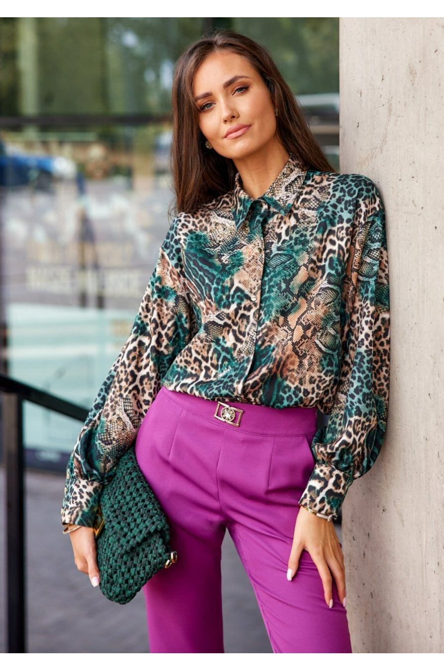 Camasa dama eleganta, verde, animal print snake, cu maneca larga, Sakima 1 - jojofashion.ro