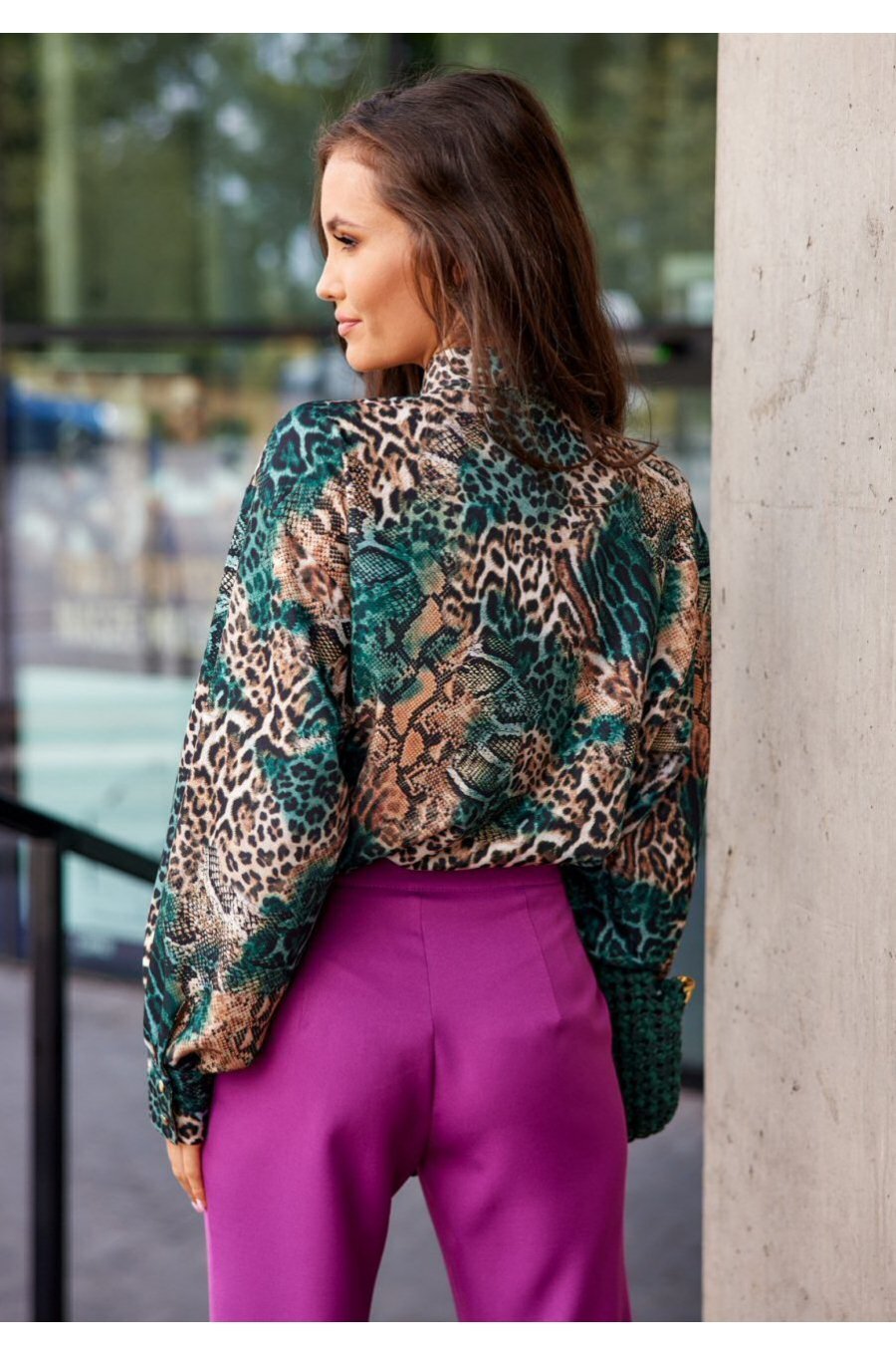 Camasa dama eleganta, verde, animal print snake, cu maneca larga, Sakima 2 - jojofashion.ro