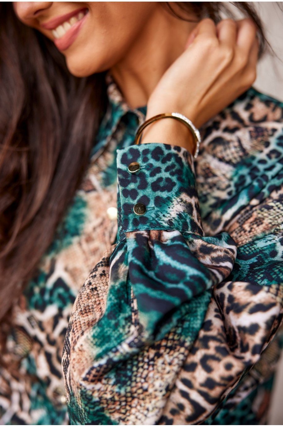 Camasa dama eleganta, verde, animal print snake, cu maneca larga, Sakima 3 - jojofashion.ro