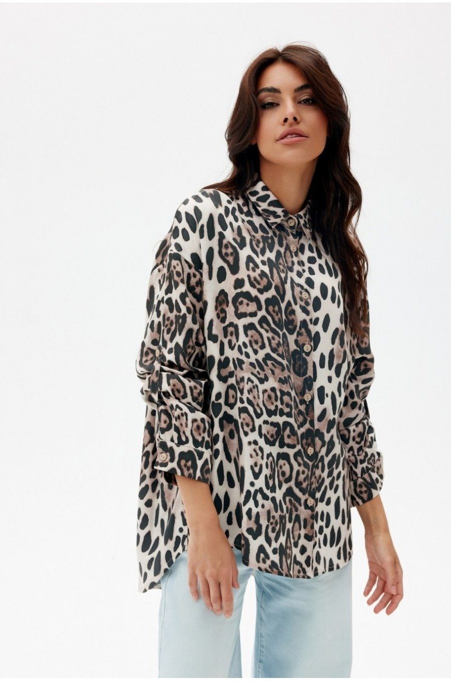 Camasa dama oversize, din vascoza, animal print leopard, cu maneca lunga, Maila 1 - jojofashion.ro